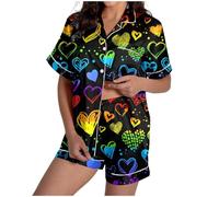 MODSGUE Conjunto de pijama corto de satén con estampado de corazón para San Valentín, cómodo y suave, con cuello en vuelta, de manga corta, con botones, Negro , S