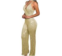 MODSGUE Mono de mujer elegante para fiesta festivo de manga larga, mono de una pieza, con purpurina, cintura alta, sexy, ropa de club, básica, con lentejuelas, largo, dorado, XL