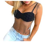 MODSGUE Rhinestone brillante malla cuerpo cadena tops para mujeres brillante bikini crop top para discoteca fiesta festival mujer red de pesca malla transparente top manga larga tops malla malla tops