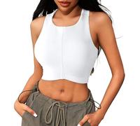 MODSGUE Top deportivo para mujer, sin mangas, con cremallera, cuello alto, ajustado, de secado rápido, para gimnasio, fitness, entrenamiento, Blanco, 6