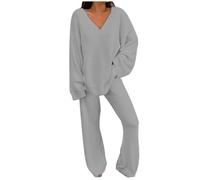 MODSGUE Traje de casa para mujer, acogedor, 2 piezas, cuello en V, informal, chándal para mujer, cálido, otoño, invierno, monocolor, camiseta de manga larga, básica, manga larga, pantalones de chándal