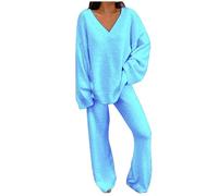 MODSGUE Traje de casa para mujer, acogedor, 2 piezas, cuello en V, informal, chándal para mujer, cálido, otoño, invierno, monocolor, camiseta de manga larga, básica, manga larga, pantalones de chándal