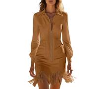 MODSGUE Vestido boho para mujer, ante occidental, vaquera, ajustado, trajes de vaquero, manga larga, vestido de fiesta, vintage, vestido de media cremallera, vestido midi con borla, marrón, XXL