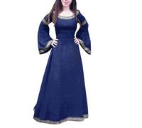 MODSGUE Vestido de vikingo para mujer, vestido medieval con mangas trompeta, largo, vintage, teatro, disfraz de Halloween, monocolor, vestido vikingo, renacentista, cosplay, victoriano, azul, L