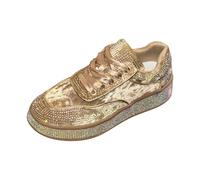 MODSGUE Zapatillas de deporte planas con purpurina para mujer, ligeras, metálicas, transpirables, con cordones, zapatillas deportivas para correr al aire libre, dorado, 36 EU