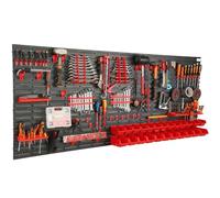 Módulo de pared para herramientas, estante de pared 200x80 cm, juego de 24 contenedores en negro/rojo, soporte para herramientas, plástico, sistema de almacenamiento, expandible