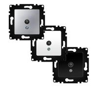 Módulo intermedio de TV color blanco con toma de alimentación y conectividad, ideal para instalaciones eléctricas y audiovisuales.