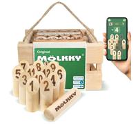 Mölkky Original Juegos de Exterior, Abedul, 12 Bolos de Madera, 1 Palo, 6+ | Juego Molkky para playa, picnic y camping con app de puntuación, fácil de usar para familias y grupos desde los 6 años