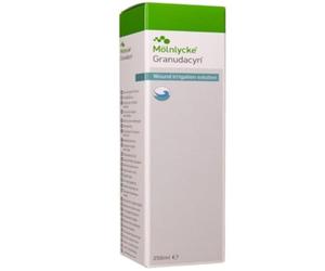 Mölnlycke Granudacyn® - Solución para irrigación de heridas, 250 ml, limpieza e hidratación de heridas agudas y crónicas, úlceras, quemaduras, antimicrobiano, elimina olores, listo para usar