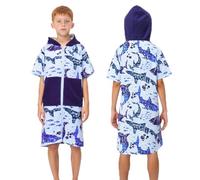 MOEMOE BABY Toallas con capucha para niños, bata de baño, poncho con cremallera, toalla de playa con capucha, 100% algodón, poncho para niños, M, tiburón azul