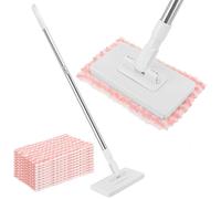 MOERAE Fregona con sistema de sujeción a presión, desmontaje automático con solo pulsar un botón, paño de sujeción automático, mopa de suelo con 10 paños de microfibra, adecuado para esquinas