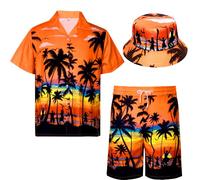 Moerstar Camisas hawaianas de manga corta para hombre, conjunto de camisa hawaiana casual de 3 piezas con sombrero corto, palmeras marinas oceánicas, unisex para fiesta de verano en la playa, naranja