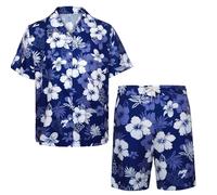 Moerstar Camisas hawaianas para hombre, conjunto de camisas y pantalones cortos hawaianos de verano, camisa floral divertida para hombre, camisa tropical para hombre, azul oscuro, L