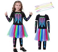 Moerstar Disfraz de esqueleto de Halloween para niños y niñas, vestido de esqueleto con pelucas de colores para niños, niñas, Halloween, carnaval, cosplay, disfraz (S)