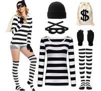 Moerstar Disfraz de ladrón para mujer y hombre, disfraz de ladrón de bancos con sombrero, guantes, máscara, bolsillo negro y blanco, billetes de ladrón, disfraz de carnaval para adultos (mujer, M)