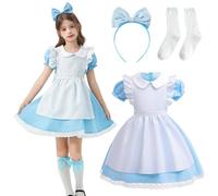 Moerstar Disfraz de princesa para niña, país de las maravillas, vestido de princesa para niña con delantal blanco, calcetines, vestido azul, disfraz de carnaval, cosplay (110)