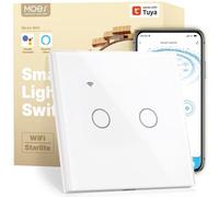MOES Interruptor de Luz Inteligente WiFi Táctil, 1 Vía y 2 Botón con Panel de Cristal, Compatible con Alexa y Google Home, funciona con Smart Life y Tuya. Solo para redes 2.4GHz, Blanco
