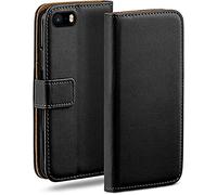 moex Funda con Tapa para iPhone 5s / 5 / SE (2016), con Ranura para Tarjetas, Funda Estilo Libro con protección de 360 Grados, Cuero Vegano, Negro Intenso