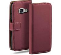 moex Funda con Tapa para Samsung Galaxy A5 (2016), con Ranura para Tarjetas, Funda Estilo Libro con protección de 360 Grados, Cuero Vegano, Granate-Rojo