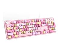MOFII Teclado con cable, teclado retro de tamaño completo con teclas redondas, bonito teclado de computadora, USB Plug and Play, para PC, portátil, escritorio, ventanas (rosa colorido)