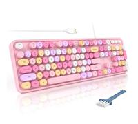 MOFII Teclado con cable, teclado USB de tamaño completo, teclado colorido retro redondo para máquina de escribir con soportes plegables para Windows PC portátil (rosa pálido)