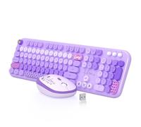 MOFII Teclado y mouse inalámbricos, 104 teclas redondas, bonito teclado y mouse coloridos de tamaño completo con máquina de escribir retro para PC/Mac/portátil/tableta/computadora/Windows/Morado