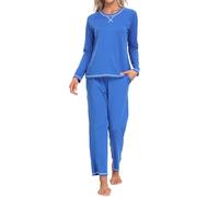 MoFiz Mujer Homewear Dos Piezas Cuello Redondo Manga Larga Camiseta Suave Cómodo Viajar Pijama Set Azul Zafiro L