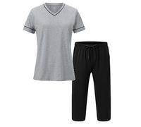 MoFiz Pijamas Mujer Verano Algodón Dos Piezas Pijama Corto Ropa de Dormir de Camiseta de Manga Corta y pantalón Capri Gris Claro Negro M