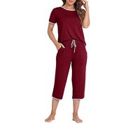 MoFiz Pijamas Verano Mujer Corto Juego de Pijama Ropa de Dormir Camiseta de Manga Corta y Pantalones Capri Rojo M