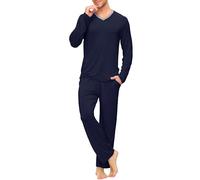 MoFiz Ropa de Dormir para Hombre Conjuntos de Pijama Manga Larga de Invierno 2 Piezas Ropa de Dormir Camisa Cuello en V y Pantalones Largos Suaves S Azul Marino