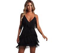 MOFLORA Vestido Ajustado Sexy con Cuello en V Profundo sin Espalda para Mujer, Vestido de Verano con Flecos, borlas, Club, Fiesta, graduación, Mini Correa, Negro, Small