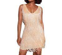 MOFLORA Vestido Mini Ajustado de Lentejuelas con Cuello en V y Flecos para Mujer, Estilo Gatsby para Cóctel, Baile, Salón de Baile, Club, Fiesta, Vestidos Cortos con Borlas