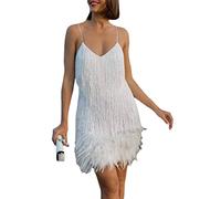 MOFLORA Vestido sexy de mujer con cuello en V profundo y espalda descubierta, vestido de verano con flecos y borlas, vestido corto con tirantes, blanco (Feather-white), XL