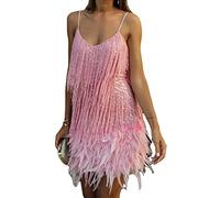 MOFLORA Vestido sexy de mujer con cuello en V profundo y espalda descubierta, vestido de verano con flecos y borlas, vestido corto con tirantes, Pluma rosa., M