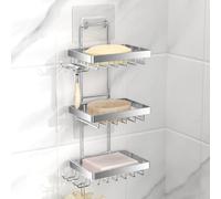 Moforoco Silver Soap Dish Holder for Shower Wall, No Drilling, 3-Tier 304 Rustproof Stainless Steel, Soap Bar Holder with 4 Hooks, Shampoo Bar Holder for Shower Caddy for Bathroom