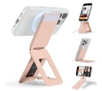 MOFT Trípode para smartphone, cartera 3 en 1 y soporte ajustable para teléfono móvil, soporte magnético para tarjetas, mini trípode, compatible con NFC, piel vegana, melocotón rosa
