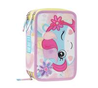 Mofu Mofu - Estuche escolar oficial Mofu Mofu, estuche con 3 compartimentos para niña y niño con juego de papelería, bolígrafos borrables azul y rojo, y práctico cierre de cremallera, 20 x 13 x 7 cm,