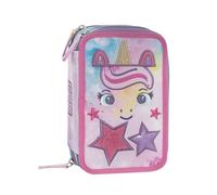 Mofu Mofu - Estuche escolar oficial Mofu Mofu, estuche con 3 compartimentos para niña y niño con juego de papelería, bolígrafos borrables azul y rojo, y práctico cierre de cremallera, 20 x 13 x 7 cm,