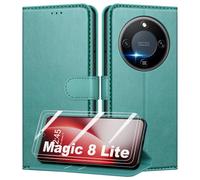 Mofurd Funda para Honor Magic 8 Lite + 2 * Protector de Pantalla de Vidrio Templado, [Bloqueo RFID] Funda con Tapa de Cuero PU Premium Protector [Soporte], Verde