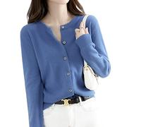 MOGSA Cárdigan para mujer, suéter de punto con cuello redondo, para primavera, otoño, cachemira, de un solo botonadura para mujer, azul real, L (55-62) kg