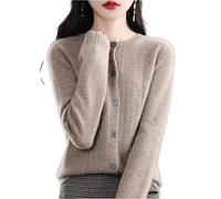 MOGSA Cárdigan Suéteres de primavera y otoño, cárdigan de lana hueco para mujer, cuello redondo, suéter de cachemira de punto, sin costuras, camisa exterior, camello original, talla XXL