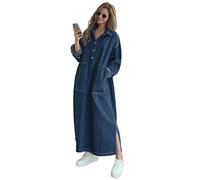 MOGSA Maxi vestido para mujer, manga larga, vestido de mezclilla con botones, bolsillos y botones, vestido largo, casual, suelto, azul oscuro, talla única