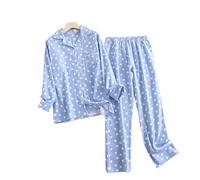 MOGSA Pijama de franela de algodón para mujer, para el hogar, estampado simple, suelto, primavera, otoño, manga larga, conjunto de pijama para mujer, color azul cielo, talla XL