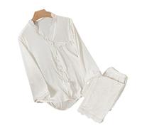 MOGSA Pijama para mujer, pijama de terciopelo sintético para otoño, invierno, ropa de dormir de manga larga, pijama suelto para el hogar, ribete de encaje, blanco, M