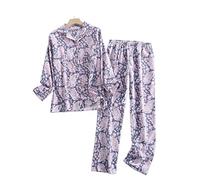 MOGSA Pijamas para Damas de Franela de Algodón Traje de Pijamas de Pantalón para Usar en Casa Estampado Simple Suelto Primavera Otoño Manga Larga Conjunto de Pijamas de Pantalón para Mujeres - Gris