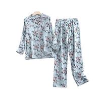MOGSA Pijamas para Mujer de Franela de Algodón Conjunto de Pijama de Pantalón para Usar en Casa Estampado Simple Suelto Primavera Otoño Manga Larga Conjunto de Pijamas de Pantalón para Mujer-Azul