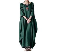 MOGSA Vestido largo de primavera, cuello redondo, mangas de media longitud, amplio, con gran vuelo, de algodón y lino, color verde oscuro, XXL
