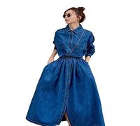 MOGSA Vestido largo de primavera para mujer, vestido de mezclilla de manga larga para otoño, cuello abatible, vestido delgado para mujer, ropa casual de un solo botonadura, azul, L