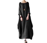 MOGSA Vestido largo de primavera suelto con cuello redondo, manga media, vestido largo de lino y algodón, color negro, talla L