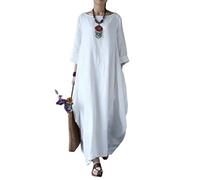 MOGSA Vestido largo de primavera suelto con cuello redondo, manga media, vestido largo de lino y algodón, color blanco, talla L, blanco